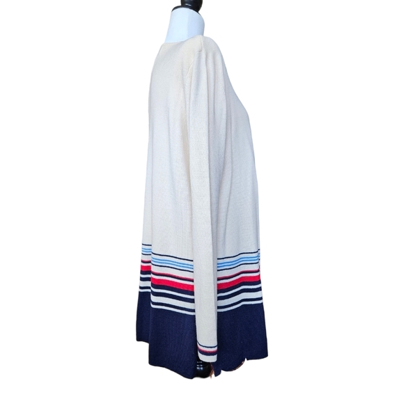 Jones&Co wool blend ivory tunic cardigan navy red striped bottom side slit L - Picture 6 of 15